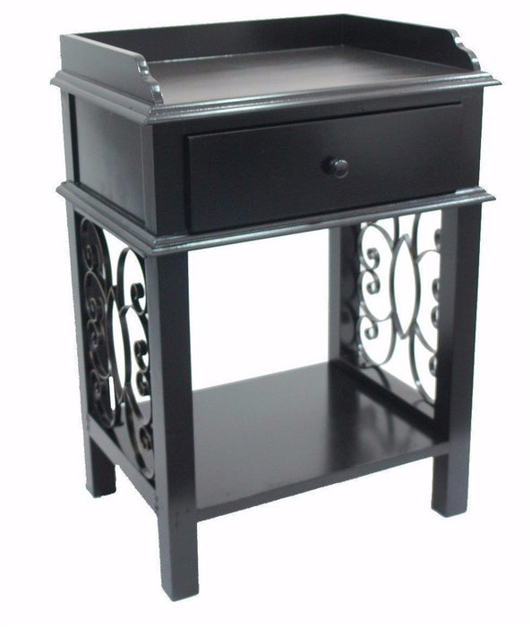 American Country End Side Table with Drawer, Tray Top and Scroll Iron sides