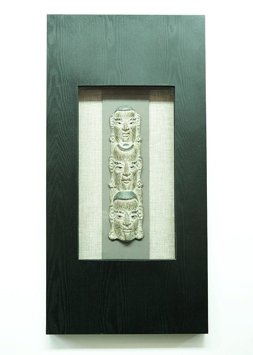 Wood Veneer Framed Polystone Figurine Sculpture Over Linen Wall Art Decor, 20"x40"