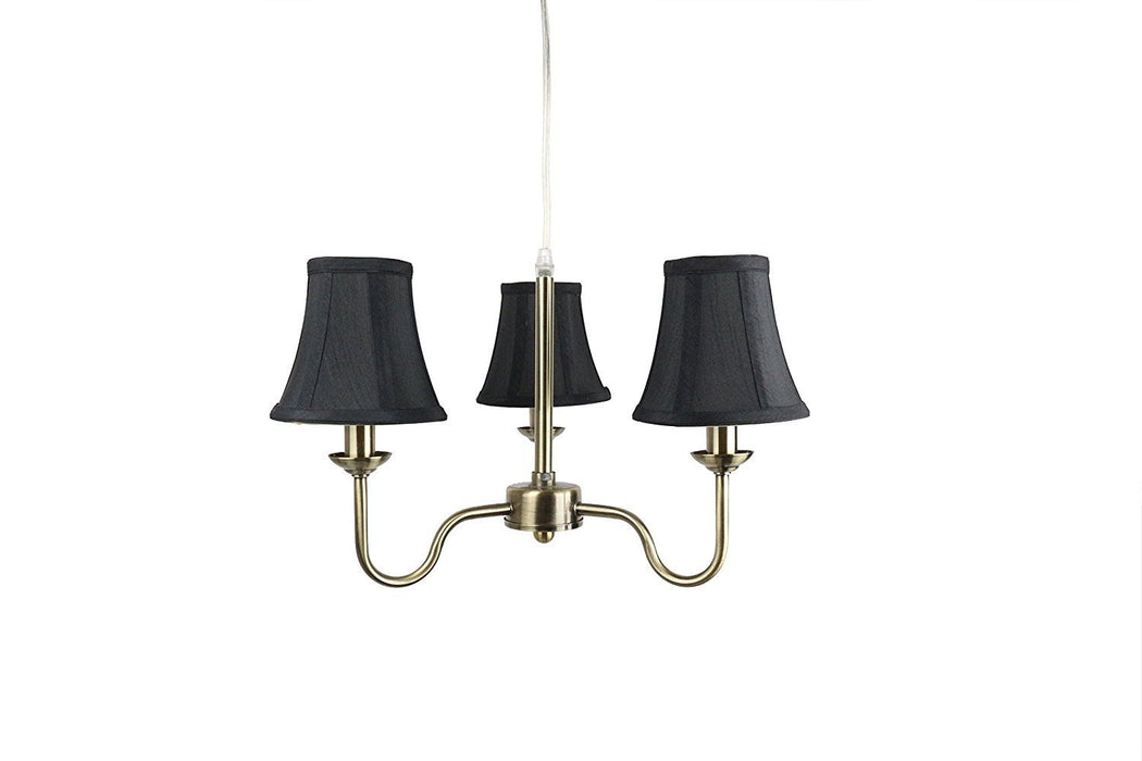 Portable Shire Chandelier with Black Silk Bell Shades, Antique Brass Finish