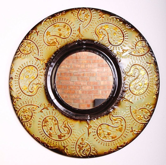 Mid Century Modern Round Wall Decor Mirror, 30" Diameter, Green Copper Patina with Gold Highlights