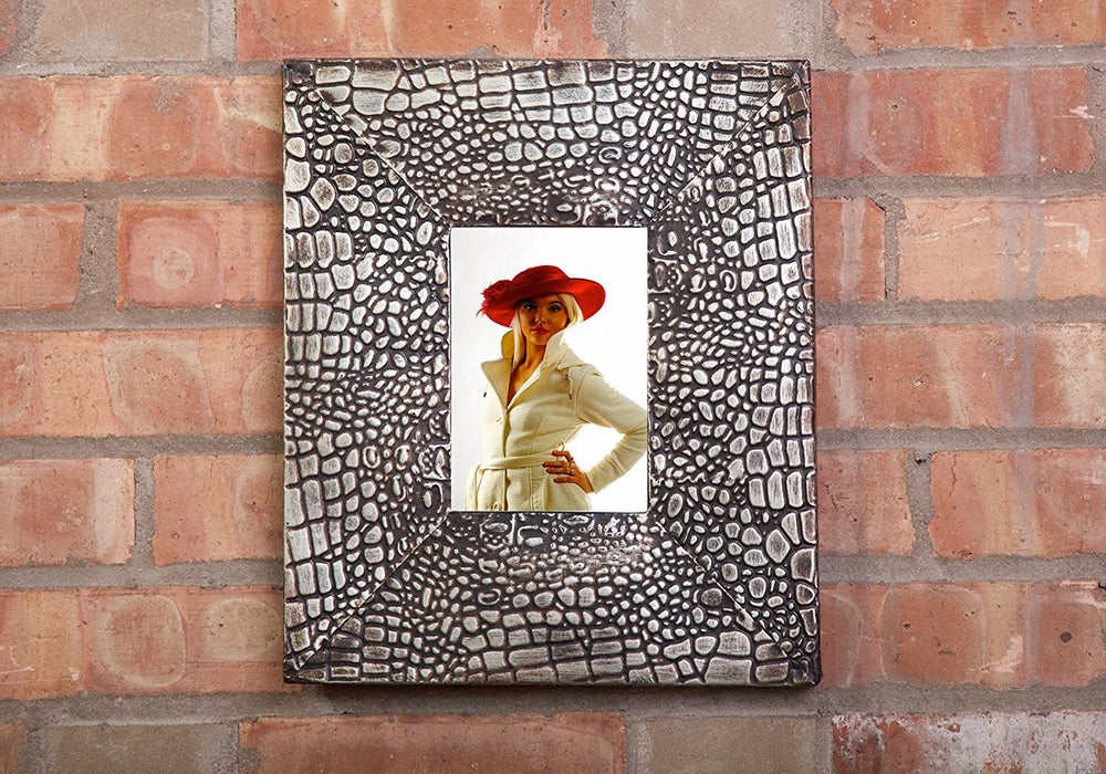 Ornate Rectangle Metal Photo Frame, Alligator Skin Texture, Bronze Finish, 13"x11"