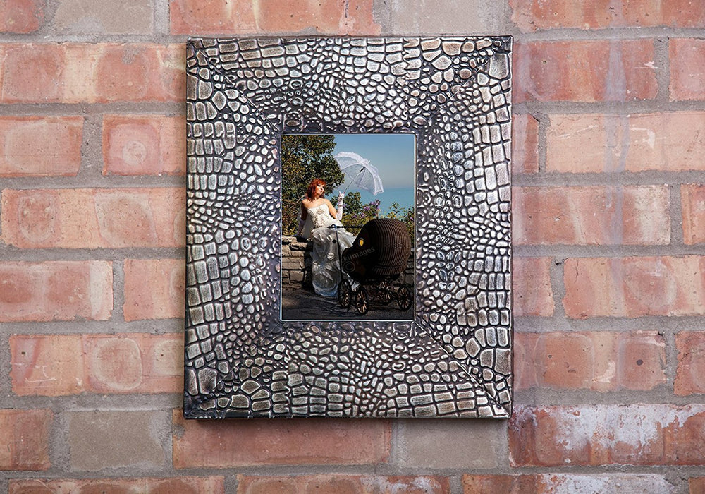 Ornate Rectangle Metal Photo Frame, Alligator Skin Texture, Bronze Finish, 14"x12"