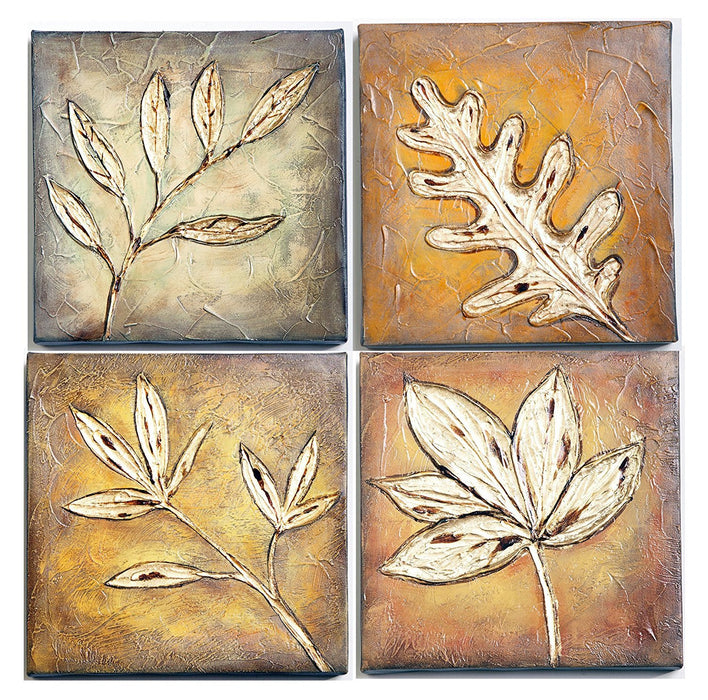 Framed Streched Leaf Collage Oil Painting, Set of 4