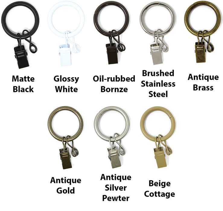 1-inch Metal Curtain Drapery Rings with Clips and Eyelets, 7 Finishes
