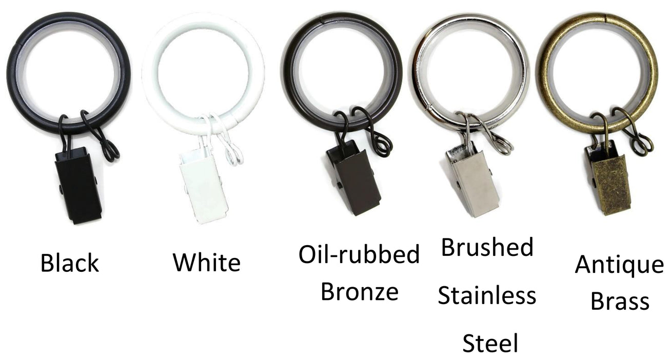 Set of 8 Metal Curtain Rings with Clips, Eyelets and Nylon Inserts Quiet Smooth, 1.25" Diameter