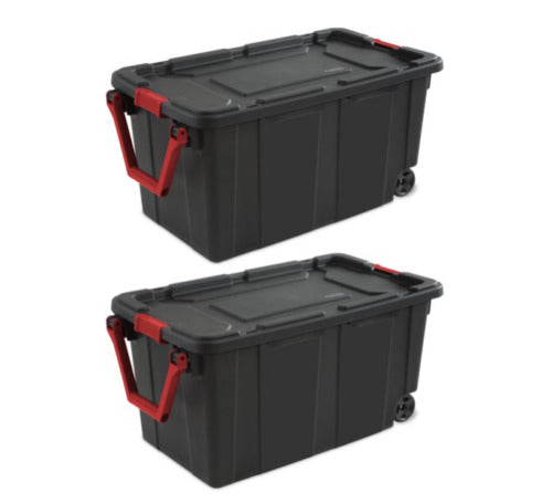 Set of 2 Storage Box for Garage 40 Gallon Wheeled Industrial Tote Plastic, Black