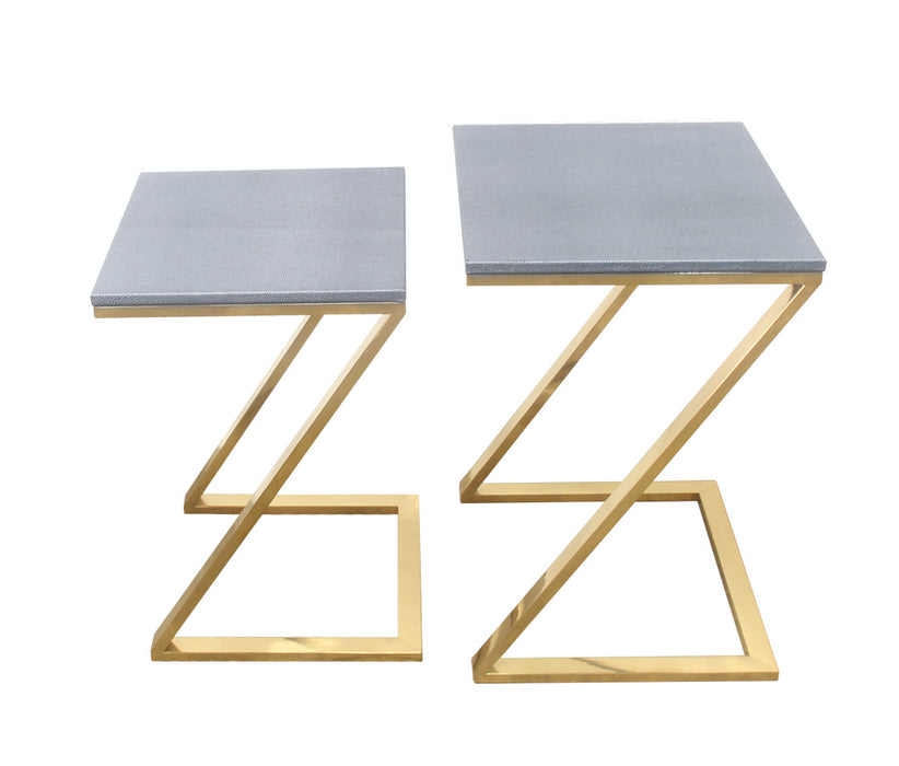 Urbanest Walter Z-Leg Set of 2 Nesting Tables, Faux Shagreen in Gray with Gold Metal, 22 1/2-inch and 21-inch Tall Tables