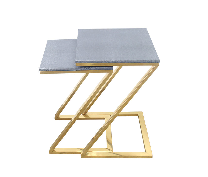 Urbanest Walter Z-Leg Set of 2 Nesting Tables, Faux Shagreen in Gray with Gold Metal, 22 1/2-inch and 21-inch Tall Tables